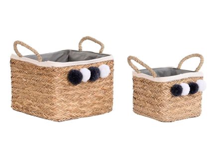 Basket set DKD Home Decor Natural Natural Fibre Pompoms 33 x 33 x 25 cm 2 Pieces Supply