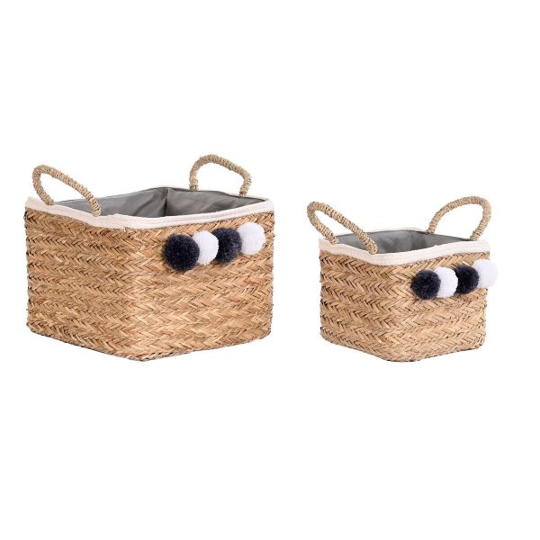 Basket set DKD Home Decor Natural Natural Fibre Pompoms 33 x 33 x 25 cm 2 Pieces Supply