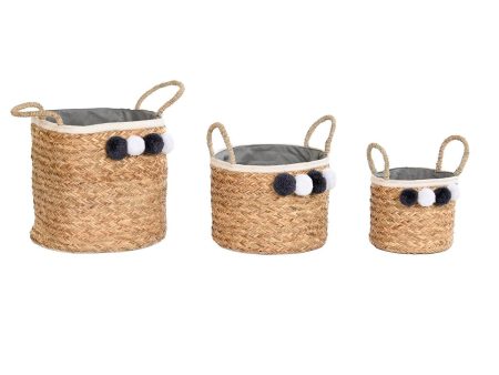 Basket set DKD Home Decor Natural Cotton Pompoms Natural Fibre (40 x 40 x 35 cm) Discount