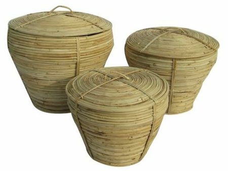 Basket set DKD Home Decor With lid Natural Rattan Tropical (3 Pieces) (35 x 35 x 30 cm) on Sale