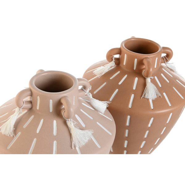 Vase Home ESPRIT Brown Light brown Ceramic Colonial Fringe 15,5 x 15,5 x 17,1 cm (2 Units) on Sale