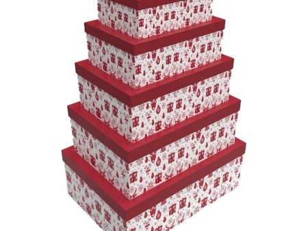 Set of Stackable Organising Boxes DKD Home Decor White Red Cardboard Reindeer 50 x 35 x 25 cm (5 Units) Online Hot Sale