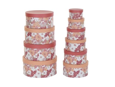 Set of Stackable Organising Boxes DKD Home Decor Flowers Stripes Fuchsia White Peach Cardboard (37,5 x 37,5 x 18 cm) For Cheap