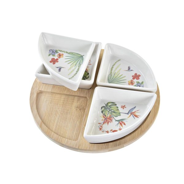 Appetizer Set DKD Home Decor White Multicolour Natural Bamboo Stoneware Tropical 21,5 x 21,5 x 1 cm (5 pcs) For Sale