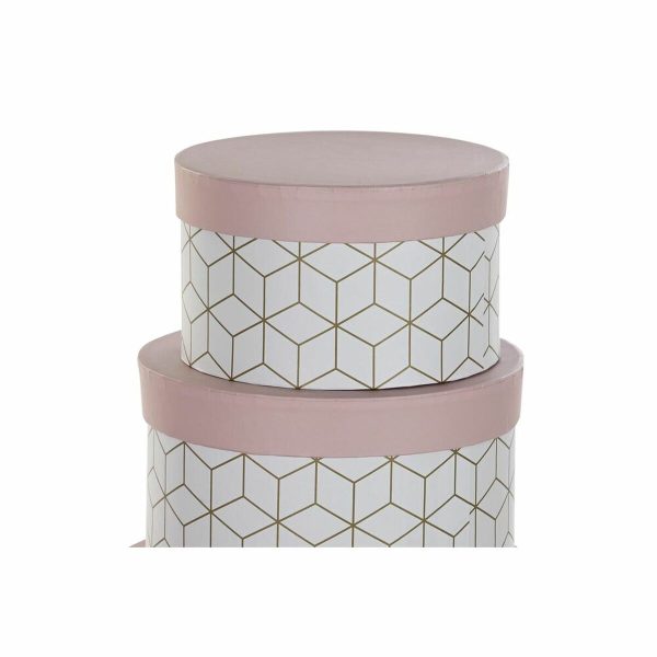 Set of Stackable Organising Boxes DKD Home Decor Circular Pink Cardboard Hot on Sale