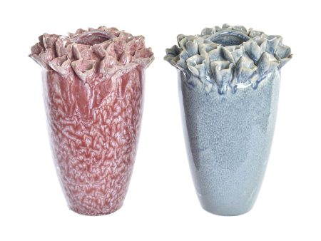 Vase DKD Home Decor Pink Turquoise Stoneware Flower Mediterranean 18 x 18 x 25 cm 16 x 16 x 26 cm (2 Units) Fashion