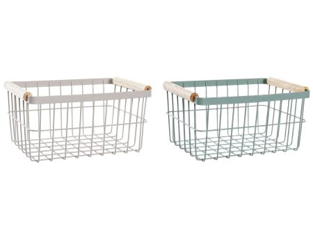 Wire Basket DKD Home Decor Green Beige Metal Pinewood Vintage 30,5 x 20 x 14,5 cm (2 Units) Sale