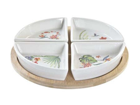 Appetizer Set DKD Home Decor White Multicolour Natural Bamboo Stoneware Tropical 21,5 x 21,5 x 1 cm (5 pcs) For Sale