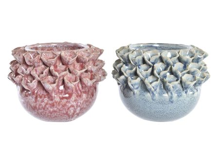 Vase DKD Home Decor Pink Turquoise Stoneware Flower Mediterranean 17 x 17 x 13,5 cm 19 x 19 x 13,5 cm (2 Units) Online