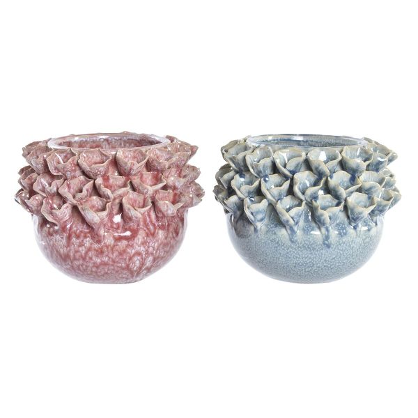 Vase DKD Home Decor Pink Turquoise Stoneware Flower Mediterranean 17 x 17 x 13,5 cm 19 x 19 x 13,5 cm (2 Units) Online