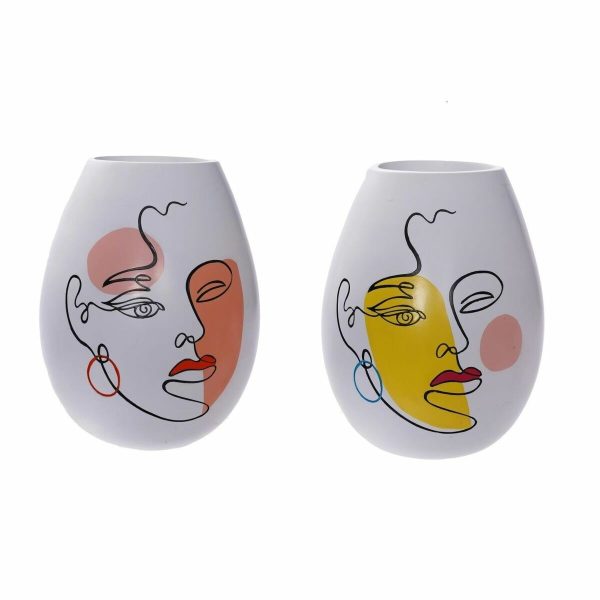 Vase DKD Home Decor 22,5 x 22,5 x 29 cm Face White Resin Multicolour (2 Units) For Discount